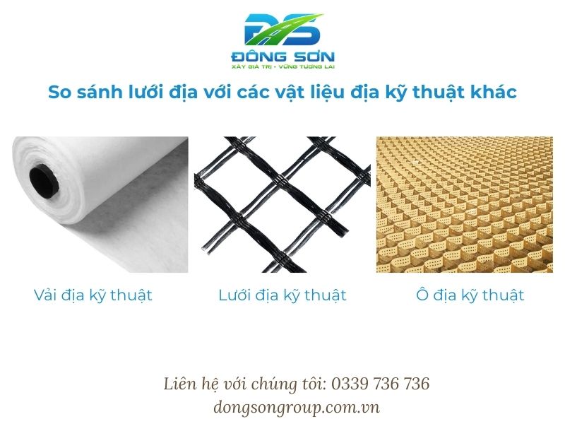 Lưới địa dùng để gia cường, trong khi vải địa kỹ thuật chủ yếu dùng để phân cách và thoát nước